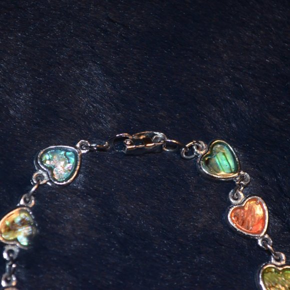 Bracelet Metal Heart Shapes Chained Abalone Sea Shells Multi-Colors Enamel Clasp - Picture 4 of 6